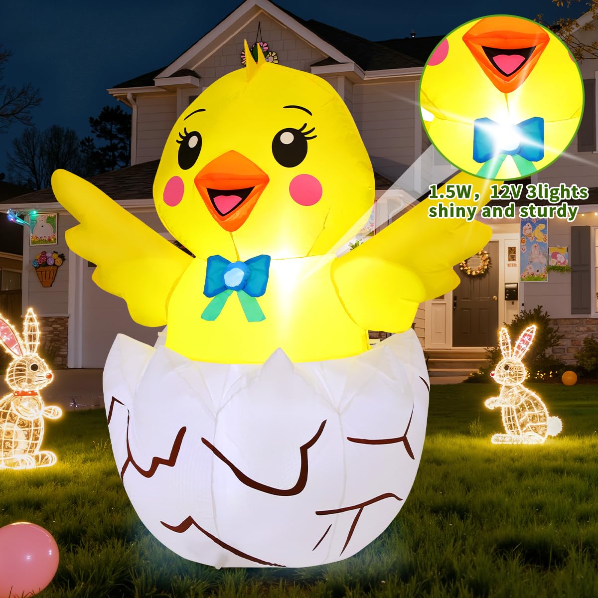 COMIN Easter Chick yard decor inflates quickly with built-in LED lights for ambiance.