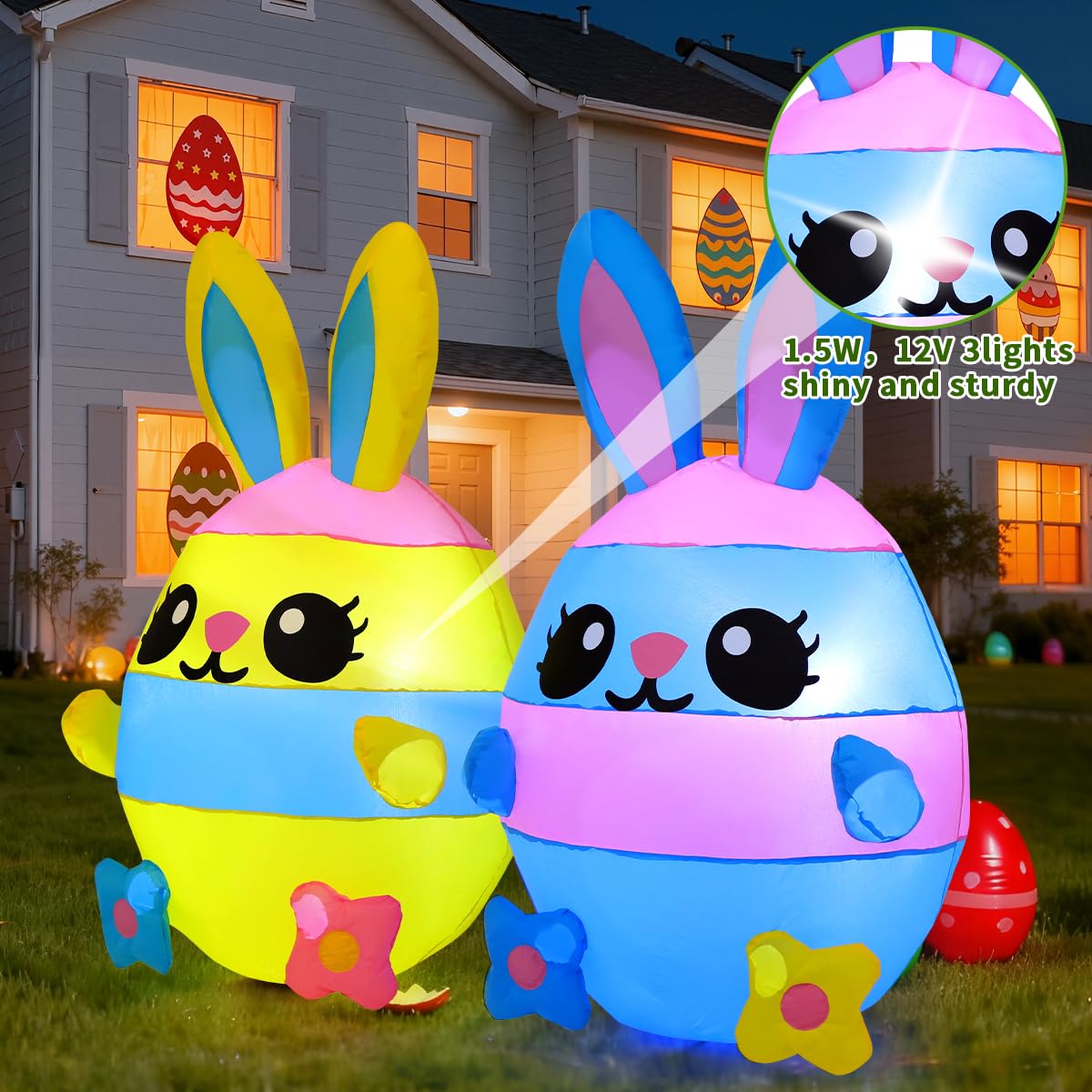 The COMIN 4.1 ft inflatable rabbit eggs stands tall in the yard.