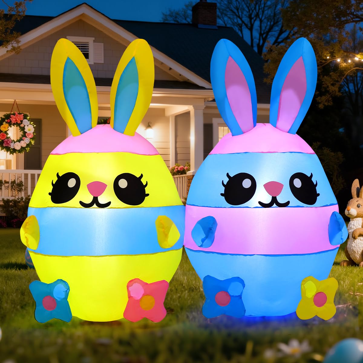 COMIN Easter inflatables illuminated rabbit eggs glow at dusk for outdoor decor.