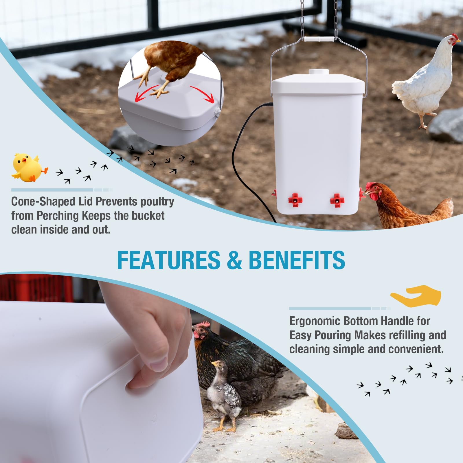 Comincia waterer with four installation options fits various coop layouts.