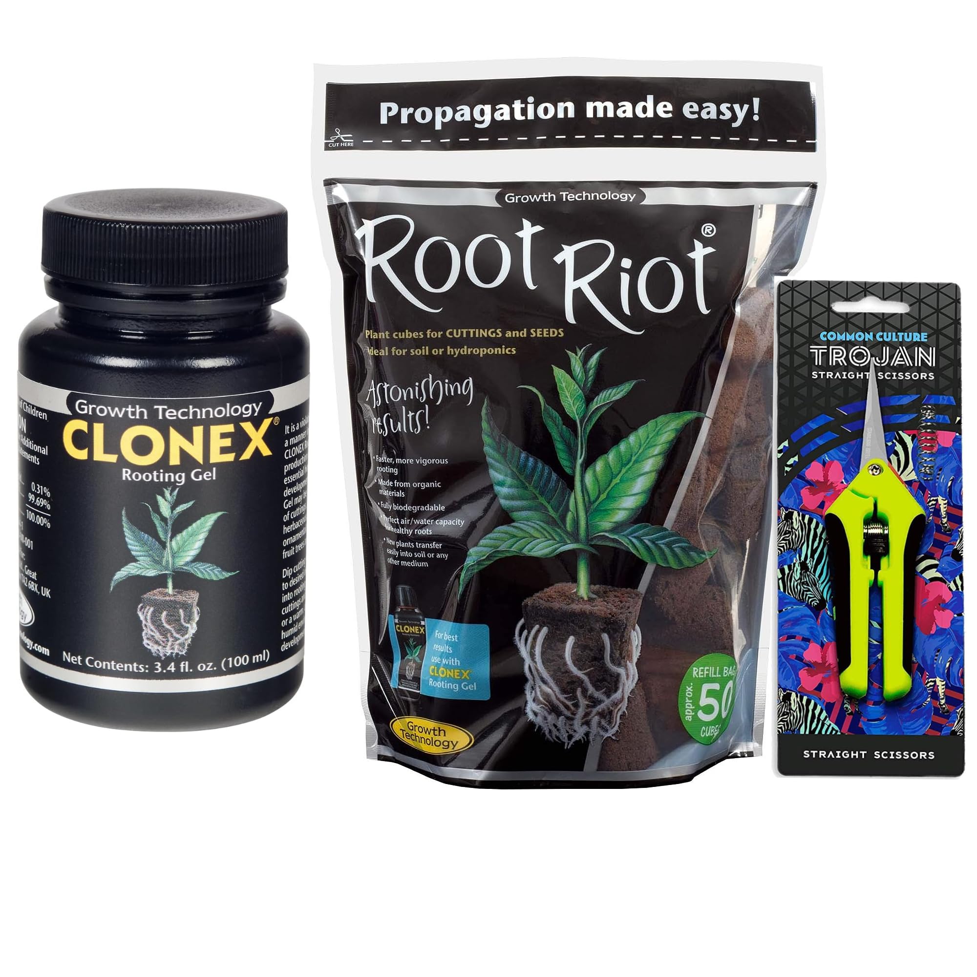 Common Culture Clonex Rooting Gel 100ml bottle pouring promotes faster root development for cuttings.