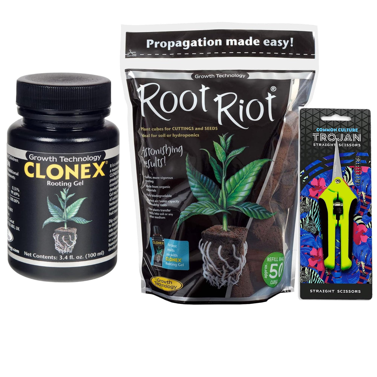 Common Culture Clonex Rooting Gel 100ml bottle pouring promotes faster root development for cuttings.