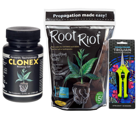 Common Culture Clonex Rooting Gel 100ml bottle pouring promotes faster root development for cuttings.