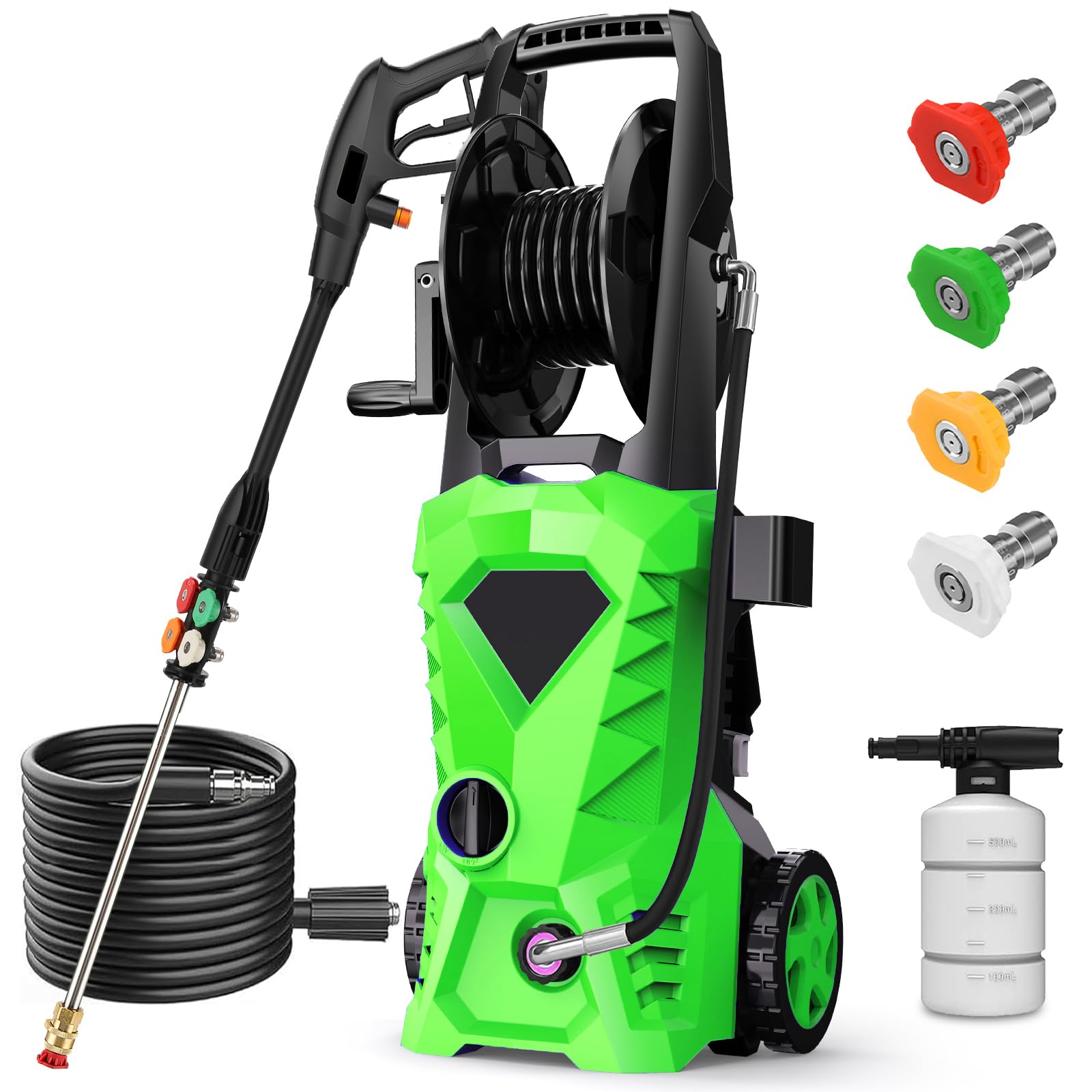 Commowner 5000psi pressure washer hose reel keeps hoses tidy for quick outdoor cleaning.
