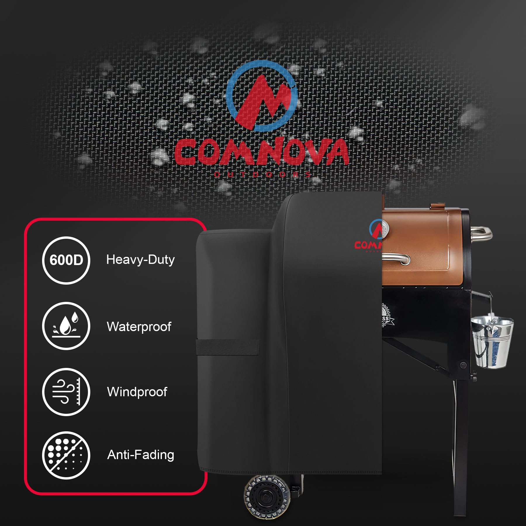 Comnova 600D grill cover on Lexington 500 guards against moisture and UV.