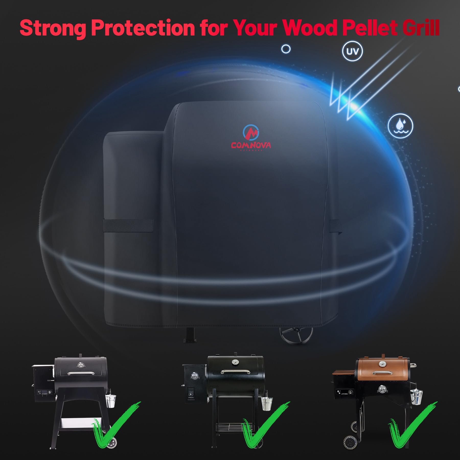 Comnova 600D grill cover on Pro 600 keeps outdoor pellet grill protected.