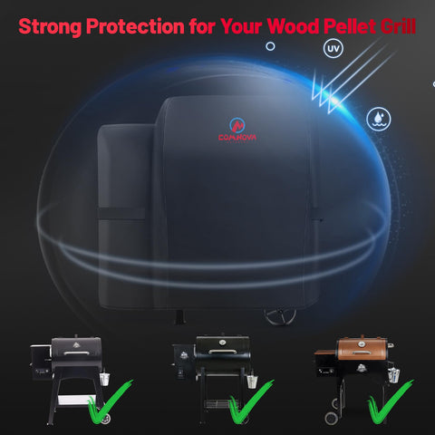 Comnova 600D grill cover on Pro 600 keeps outdoor pellet grill protected.