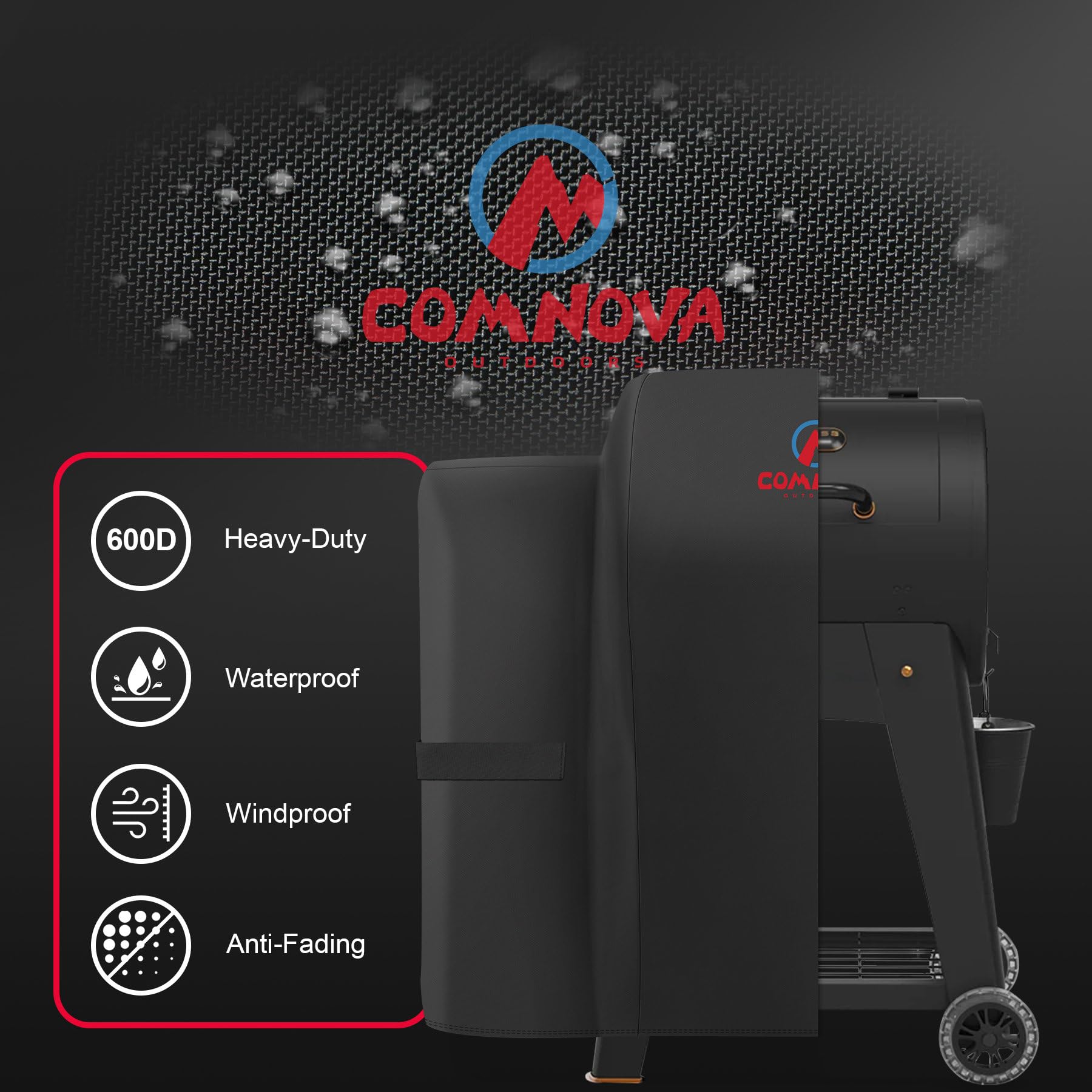 Comnova adjustable Velcro straps provide a snug fit for varying grill sizes.