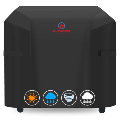 Comnova Flatrock grill cover front view protects Traeger from rain and sun.