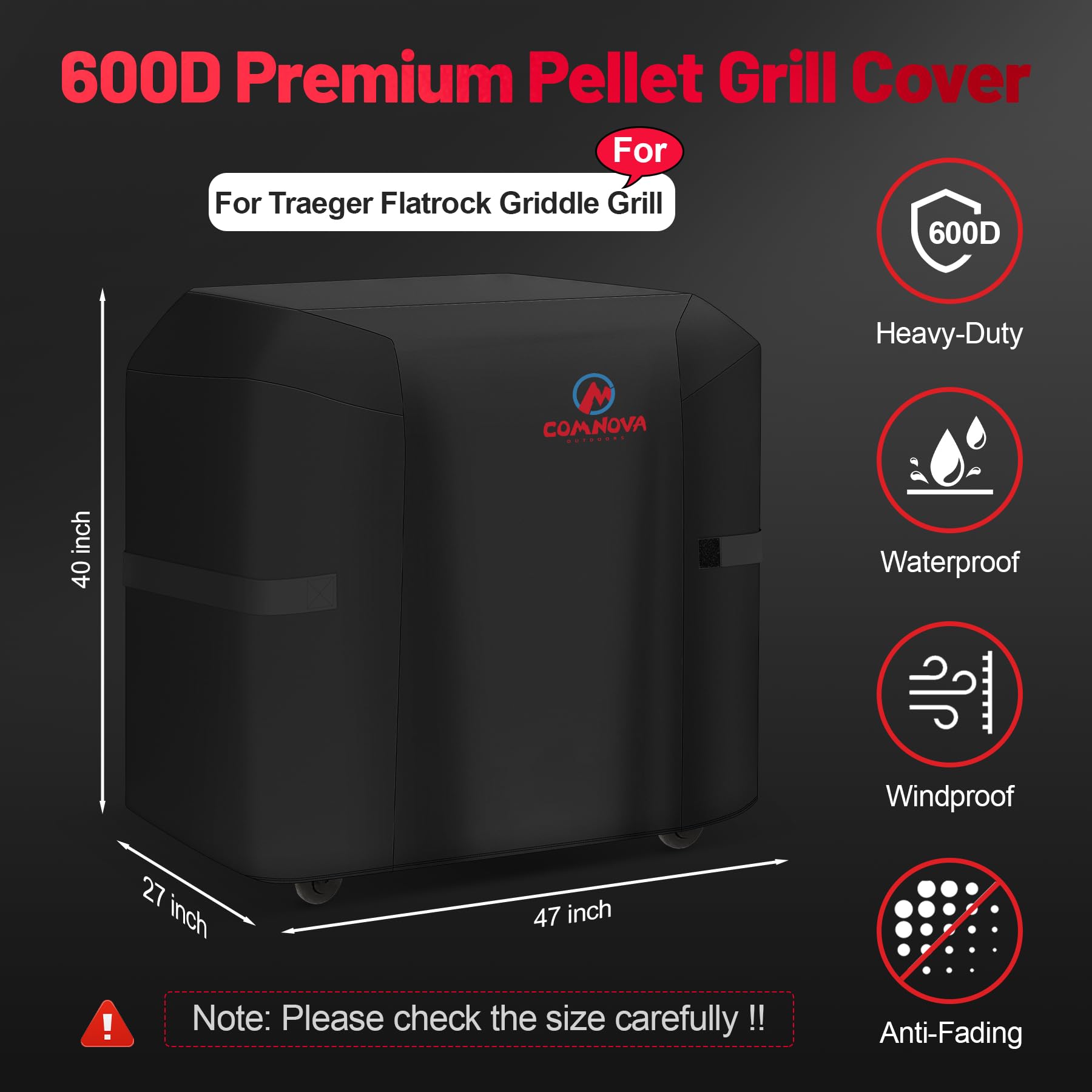 Comnova Flatrock cover side view shields grill from wind and moisture.