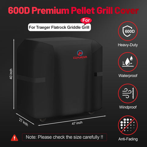 Comnova Flatrock cover side view shields grill from wind and moisture.