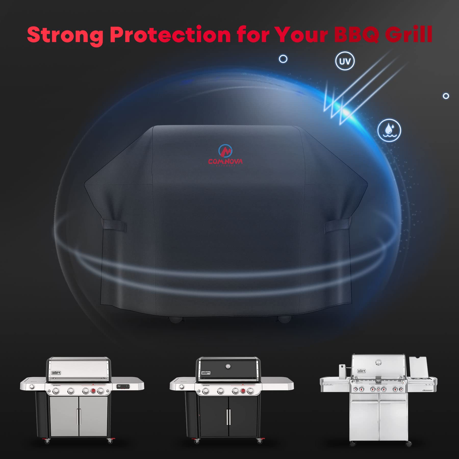 Comnova grill cover featuring adjustable Velcro straps for a secure fit.