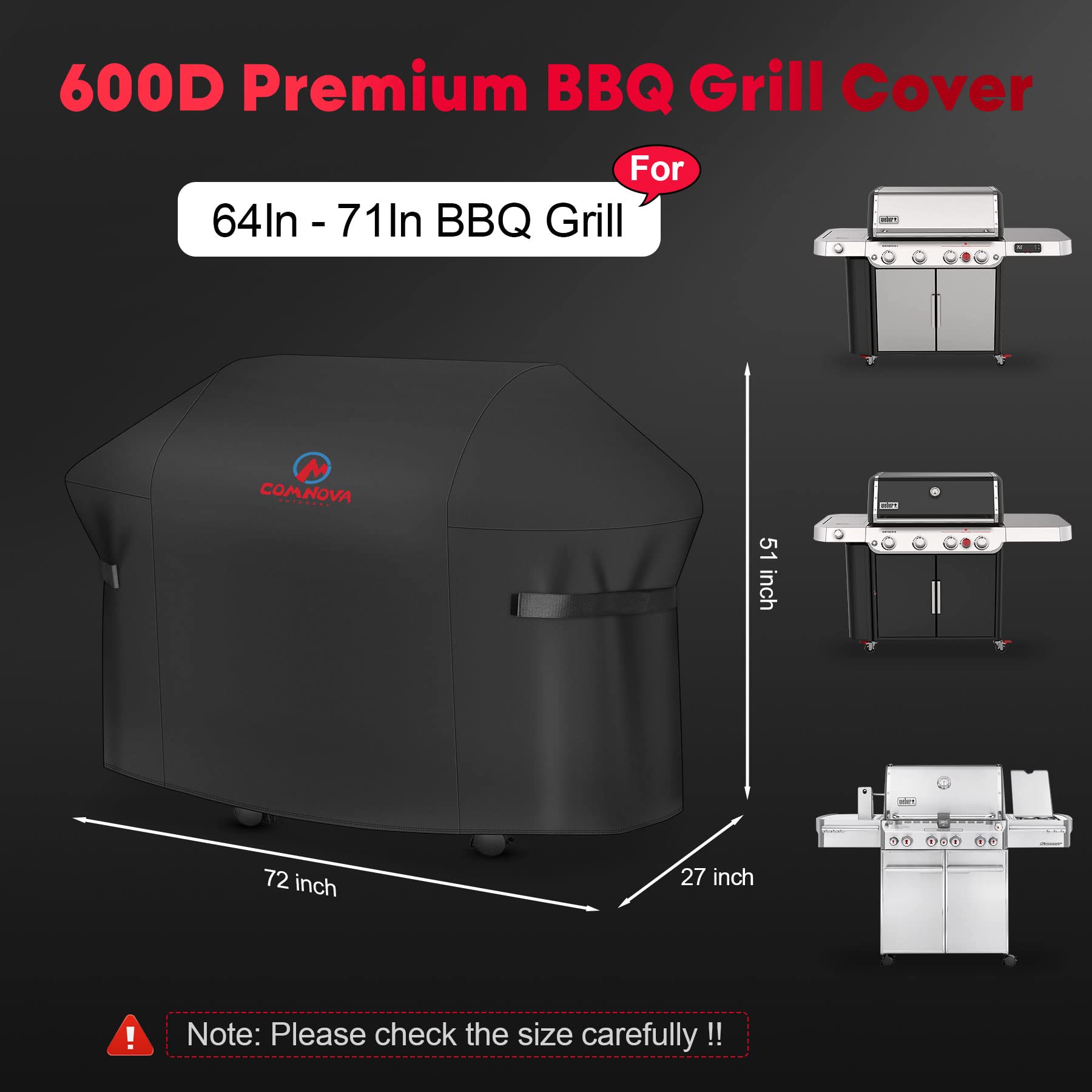 Comnova heavy-duty 600D oxford fabric grill cover for outdoor durability.