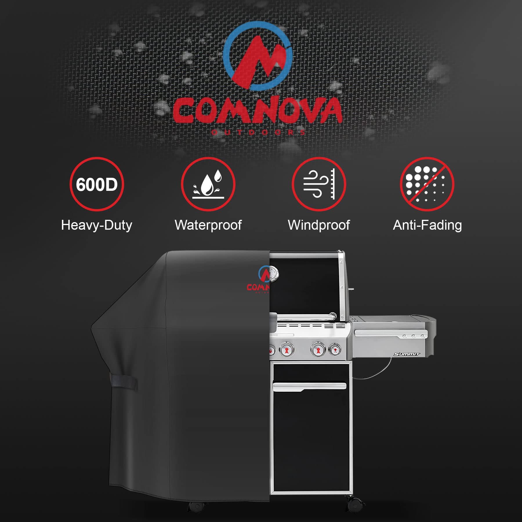 Comnova grill cover with waterproof PU coating guarding against rain.