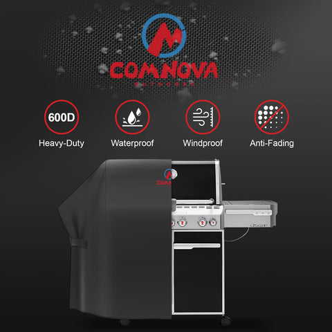 Comnova grill cover with waterproof PU coating guarding against rain.
