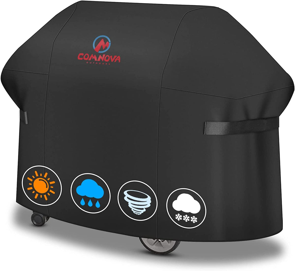 Comnova Weber Summit 470 cover on grill protects from rain and sun.