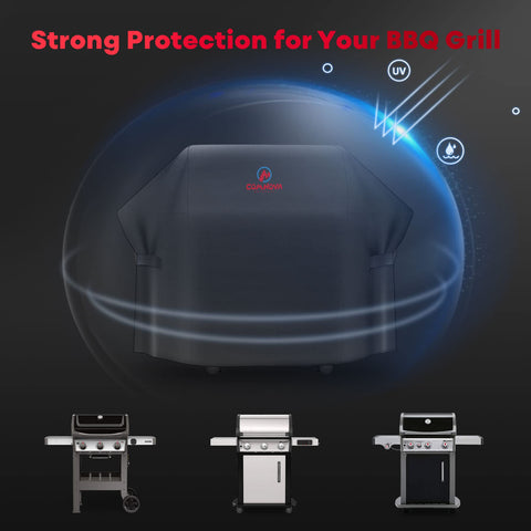 Comnova Outdoors 52-inch grill cover, UV-test scene, highlighting long-lasting sun protection.
