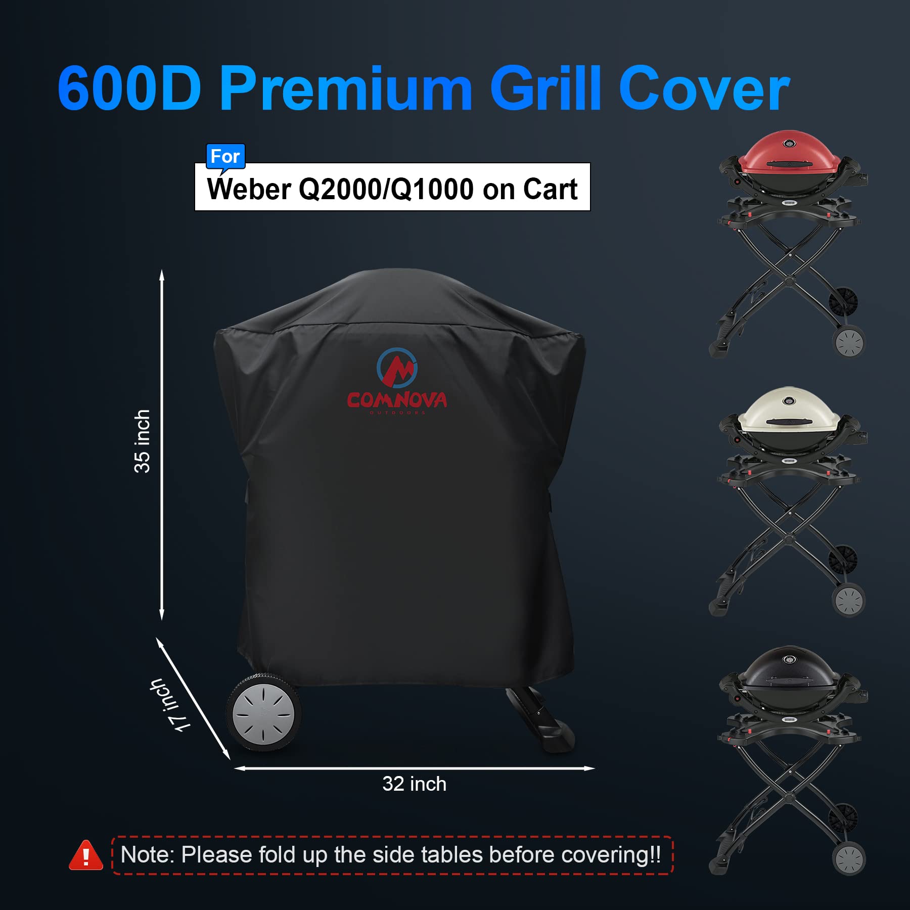 M COMNOVA OUTDOORS 600D heavy-duty waterproof grill cover blocks rain and weather.