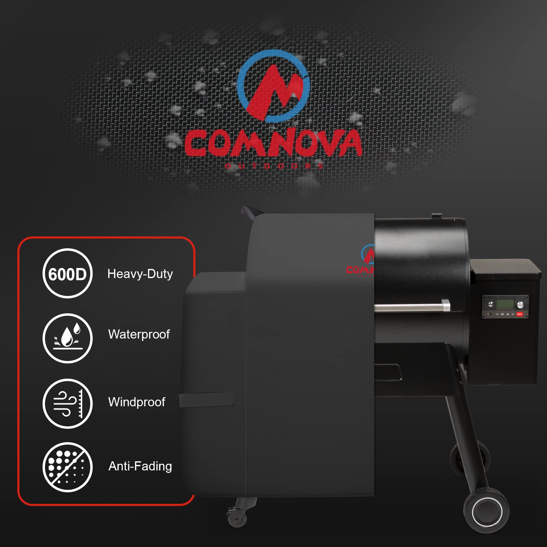 Comnova grill cover with adjustable Velcro bands for a secure fit.