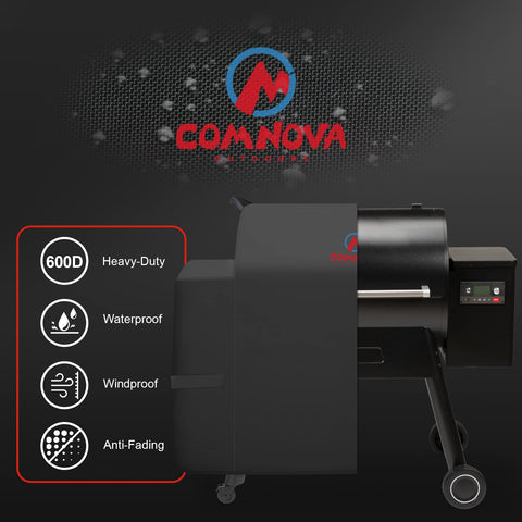 Comnova grill cover with adjustable Velcro bands for a secure fit.