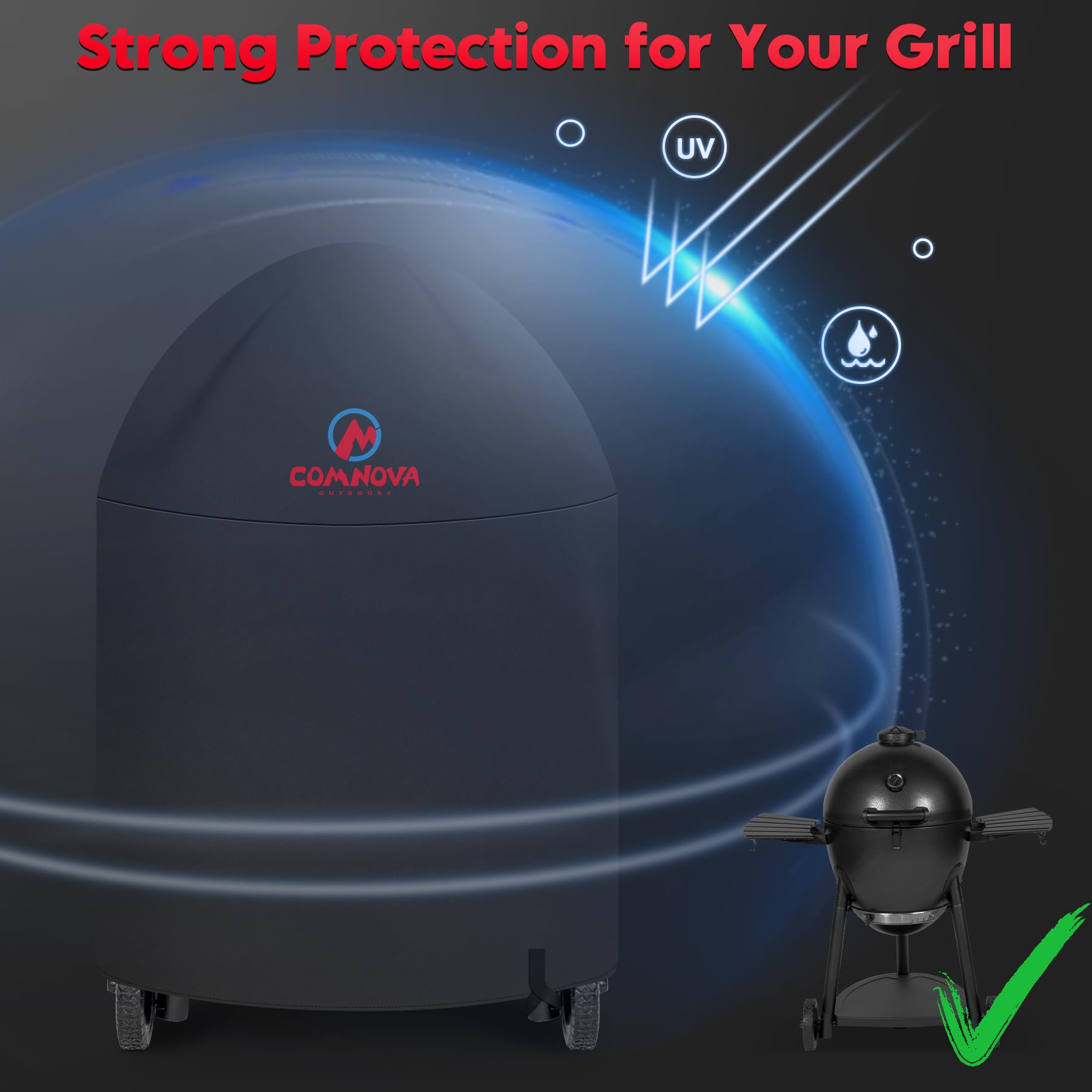 Comnova Outdoors AKORN 16619 grill cover offers weatherproof protection for outdoor use.