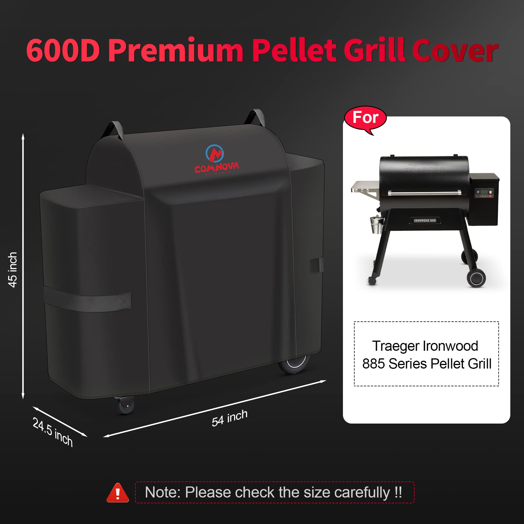 Comnova grill cover side view shows adjustable Velcro bands for a secure fit.