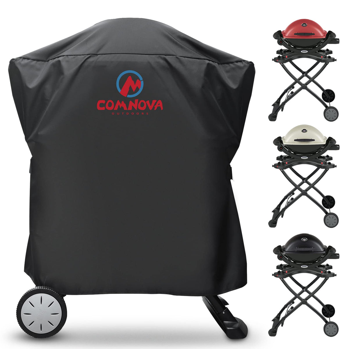 M COMNOVA OUTDOORS Weber Q cover with fit map shows precise sizing for Weber Q grills.