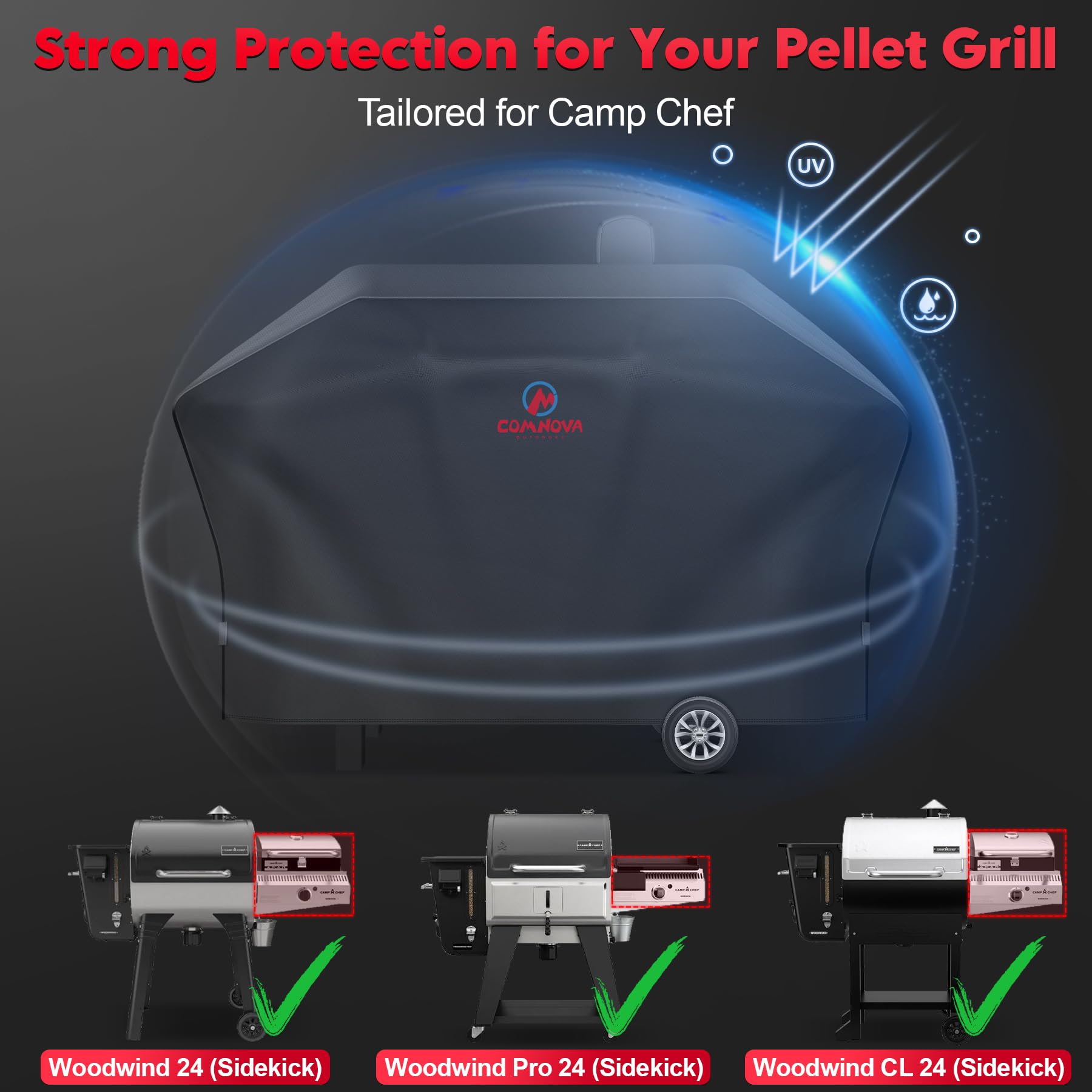 M COMNOVA OUTDOORS Comnova cover for PG24SSGSK guards against rain and wind for outdoor grilling.
