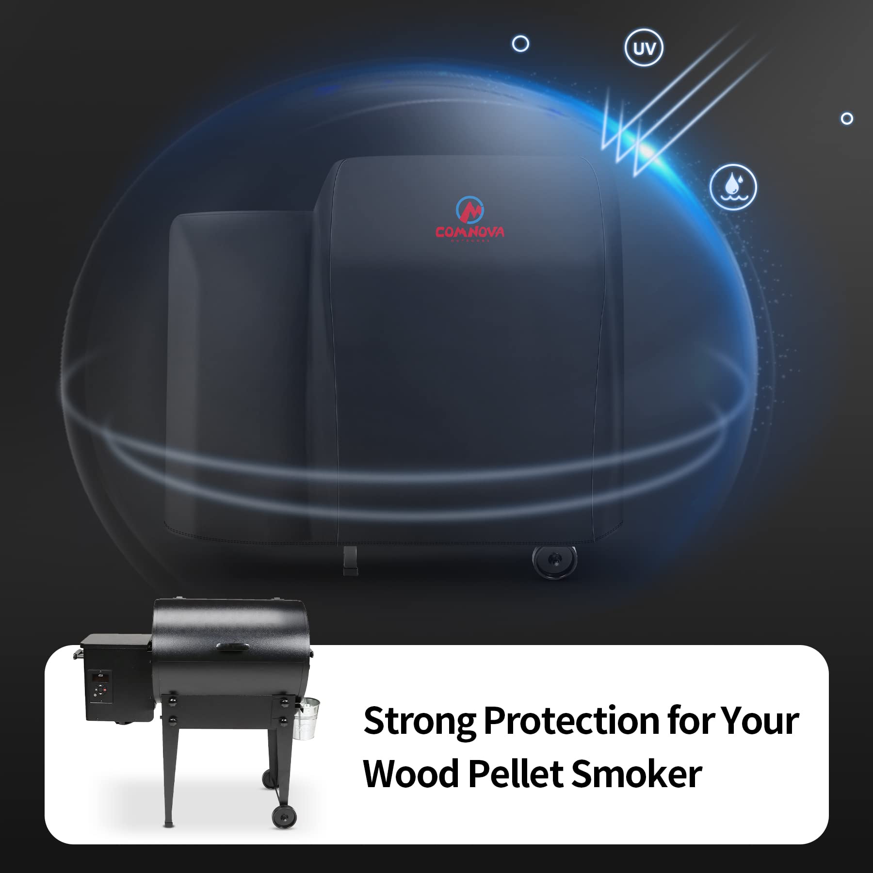 Comnova cover features adjustable Velcro to fit different pellet grills.