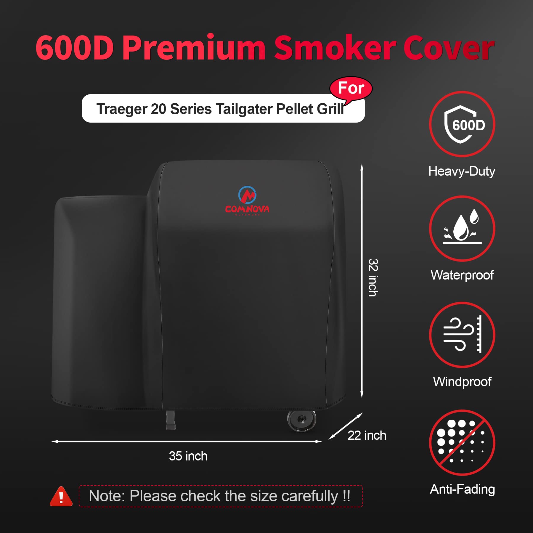 Comnova Tailgater grill cover shields your grill from sun, rain, and dew.
