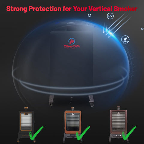 Comnova vertical smoker cover on 7-Series pellet grill guards against sun and snow