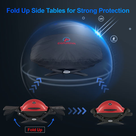 Comnova Weber Q Series cover with folded side tables for a secure fit.
