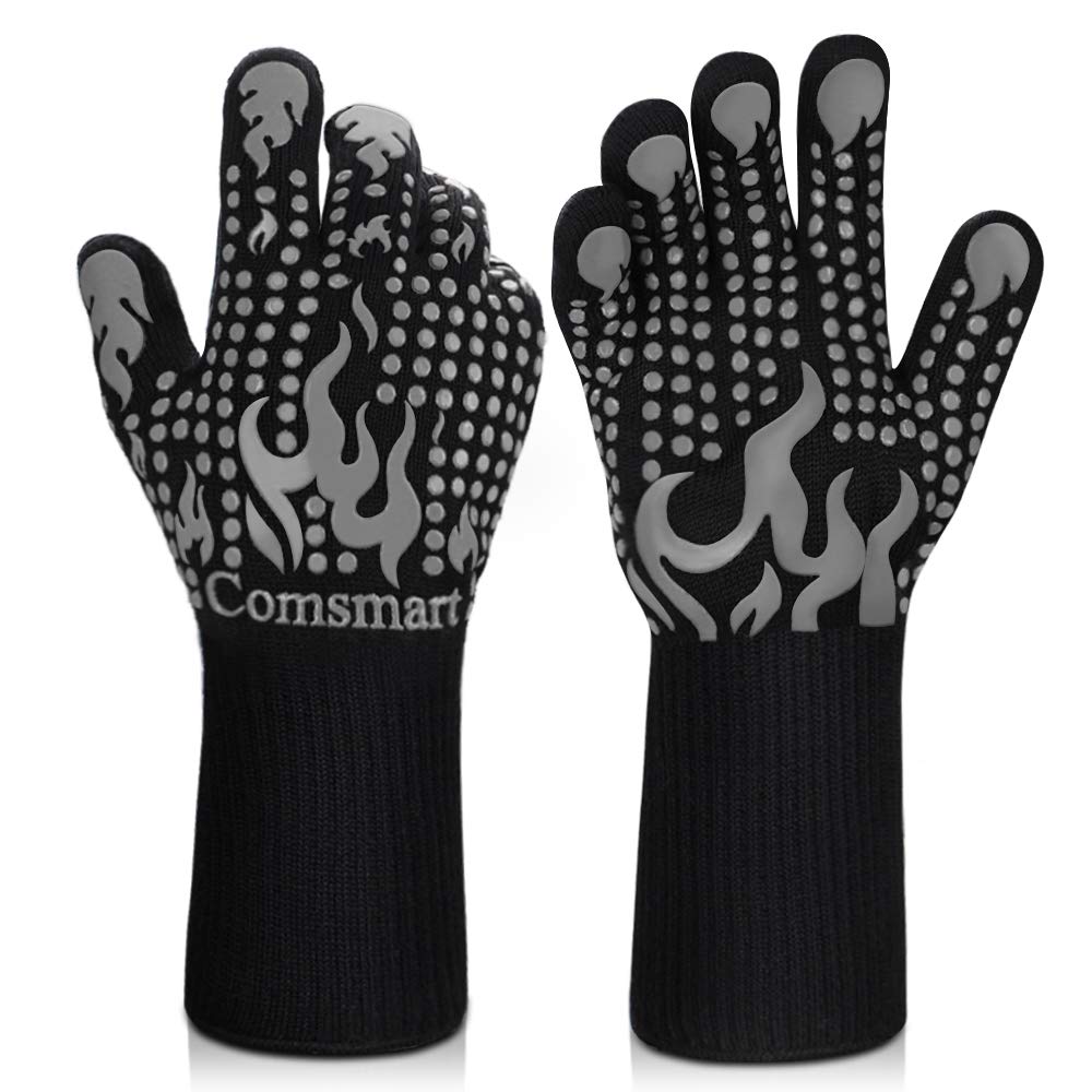 Comsmart BBQ gloves showing 1472°F heat resistance for high-heat grilling.