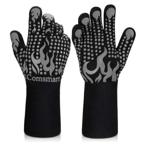 Comsmart BBQ gloves showing 1472°F heat resistance for high-heat grilling.