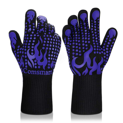 Comsmart BBQ gloves showing heat-resistance up to 1472°F for safe grilling.