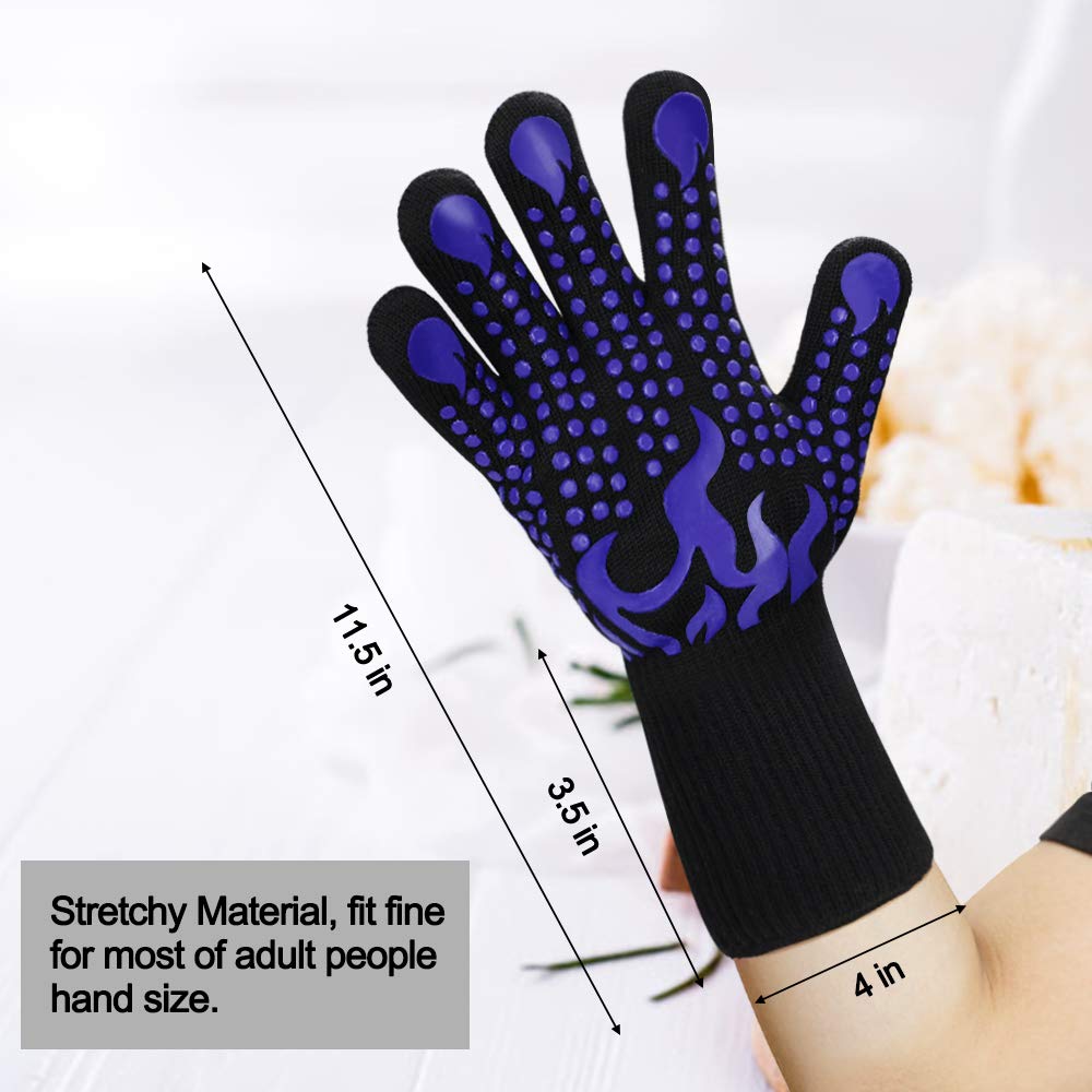 Comsmart BBQ gloves with long cuffs protecting forearms during high-heat searing.
