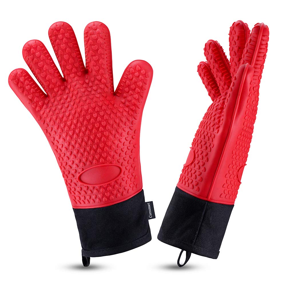 Comsmart BBQ gloves with red silicone exterior provide reliable heat protection during grilling.