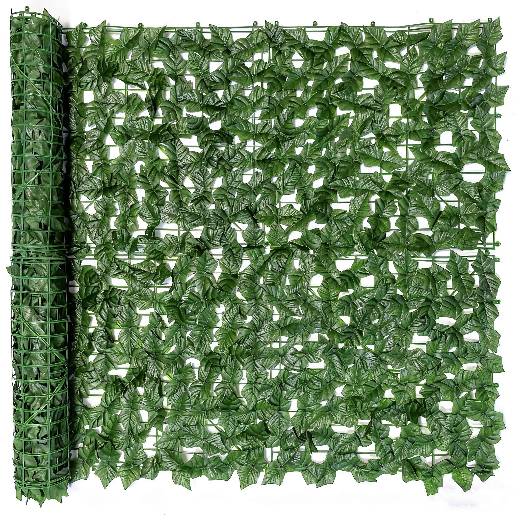 Comtelek privacy fence screen with artificial ivy creates a lush private balcony backdrop