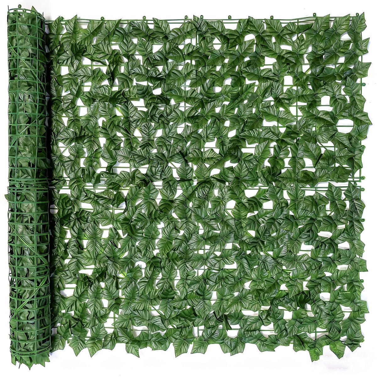 Comtelek privacy fence screen with artificial ivy creates a lush private balcony backdrop