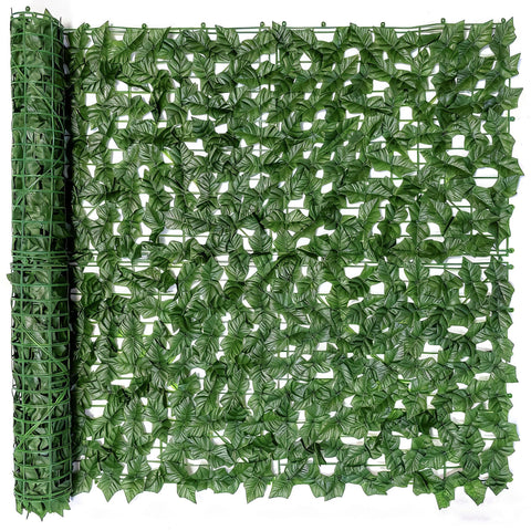 Comtelek privacy fence screen with artificial ivy creates a lush private balcony backdrop