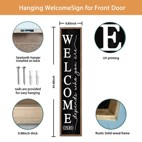 Comurdyo vertical welcome sign front-porch highlights entryway ambiance.