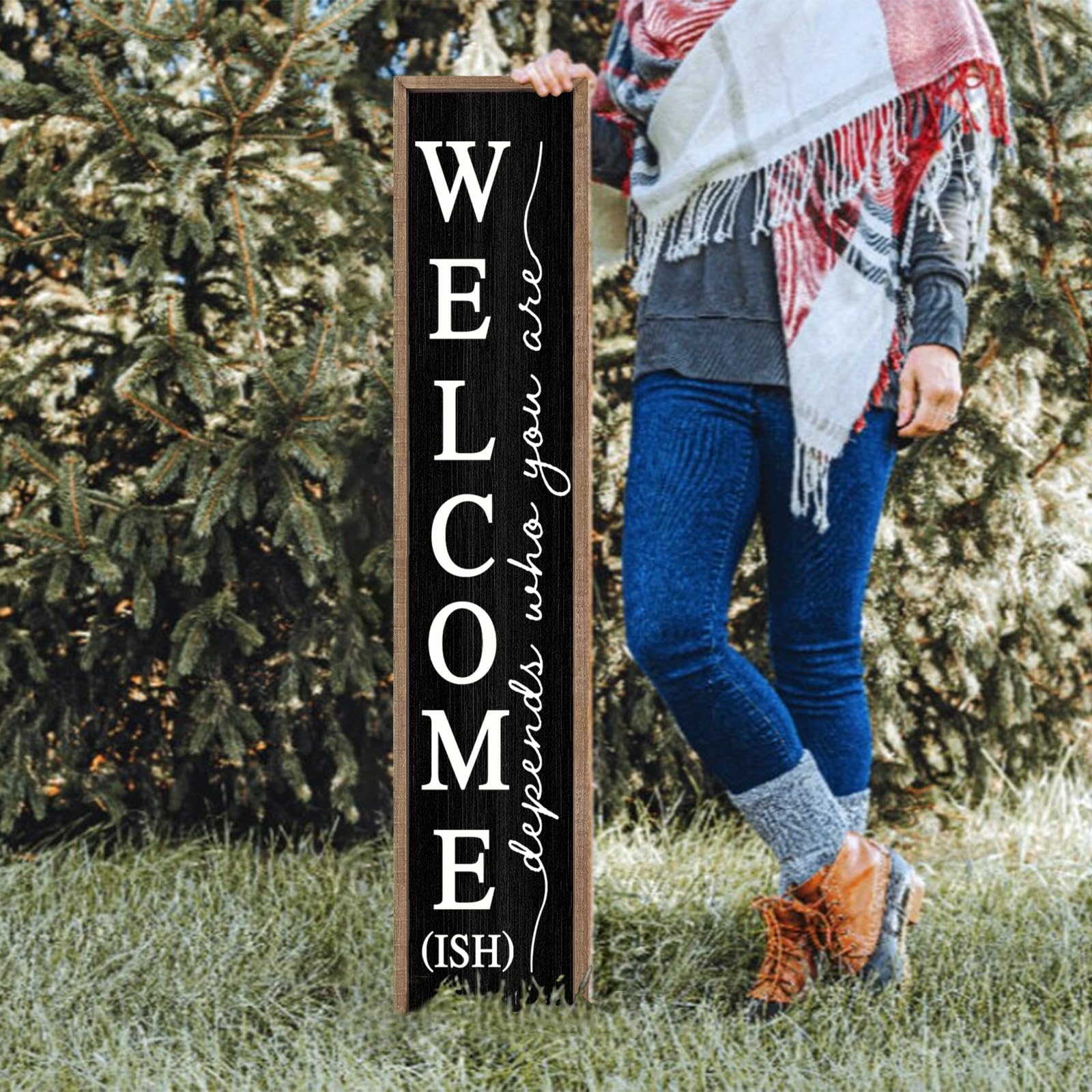 Comurdyo wooden front porch decor black adds farmhouse charm.