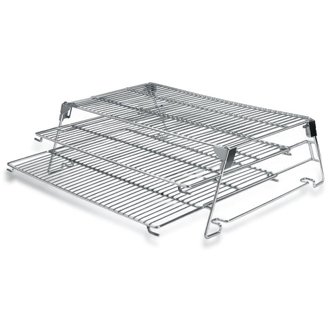 Three-tier sliding shelves expand capacity for jerky, wings, and ribs.
