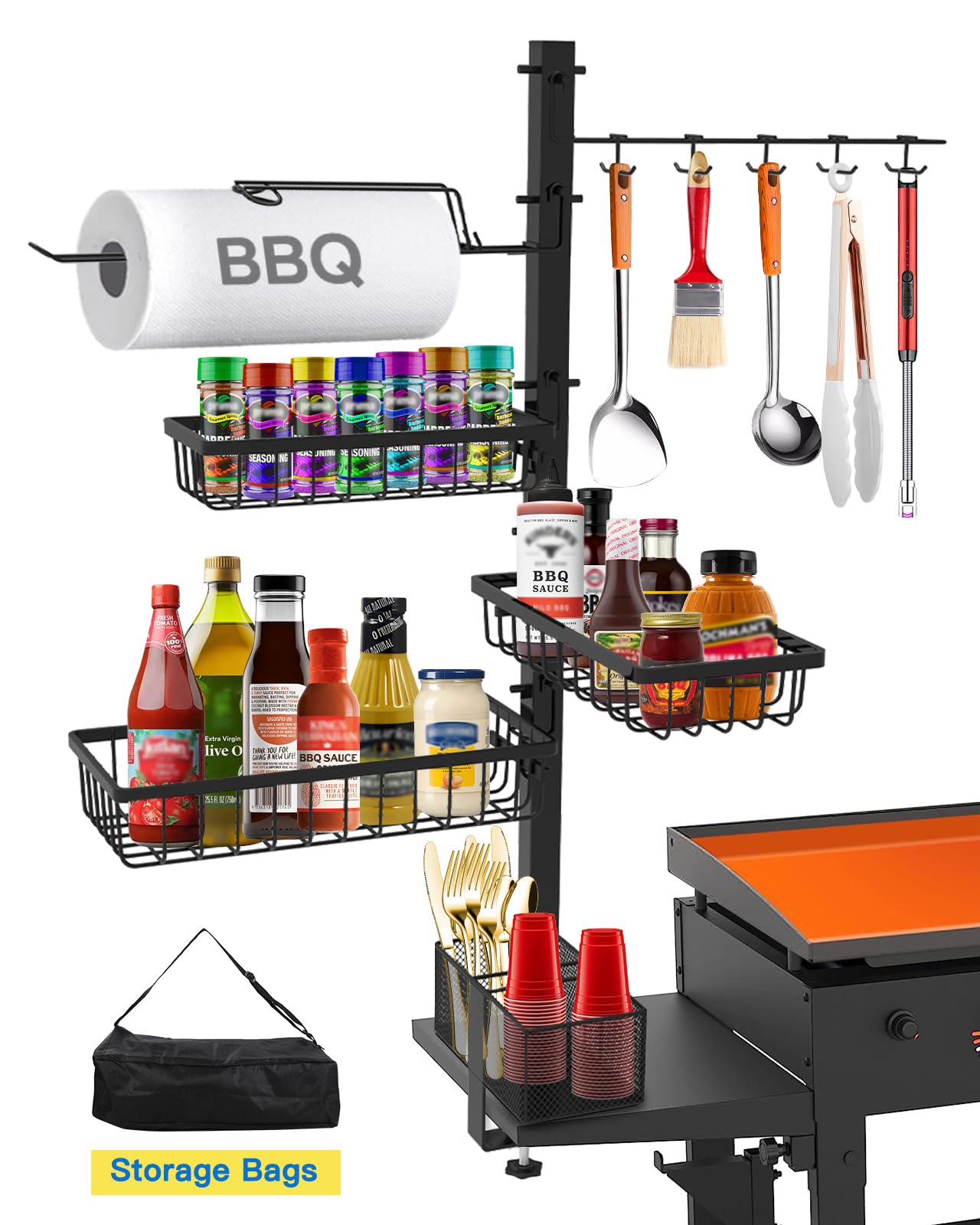 Concons Griddle Caddy mounted on a Blackstone grill keeping utensils organized.