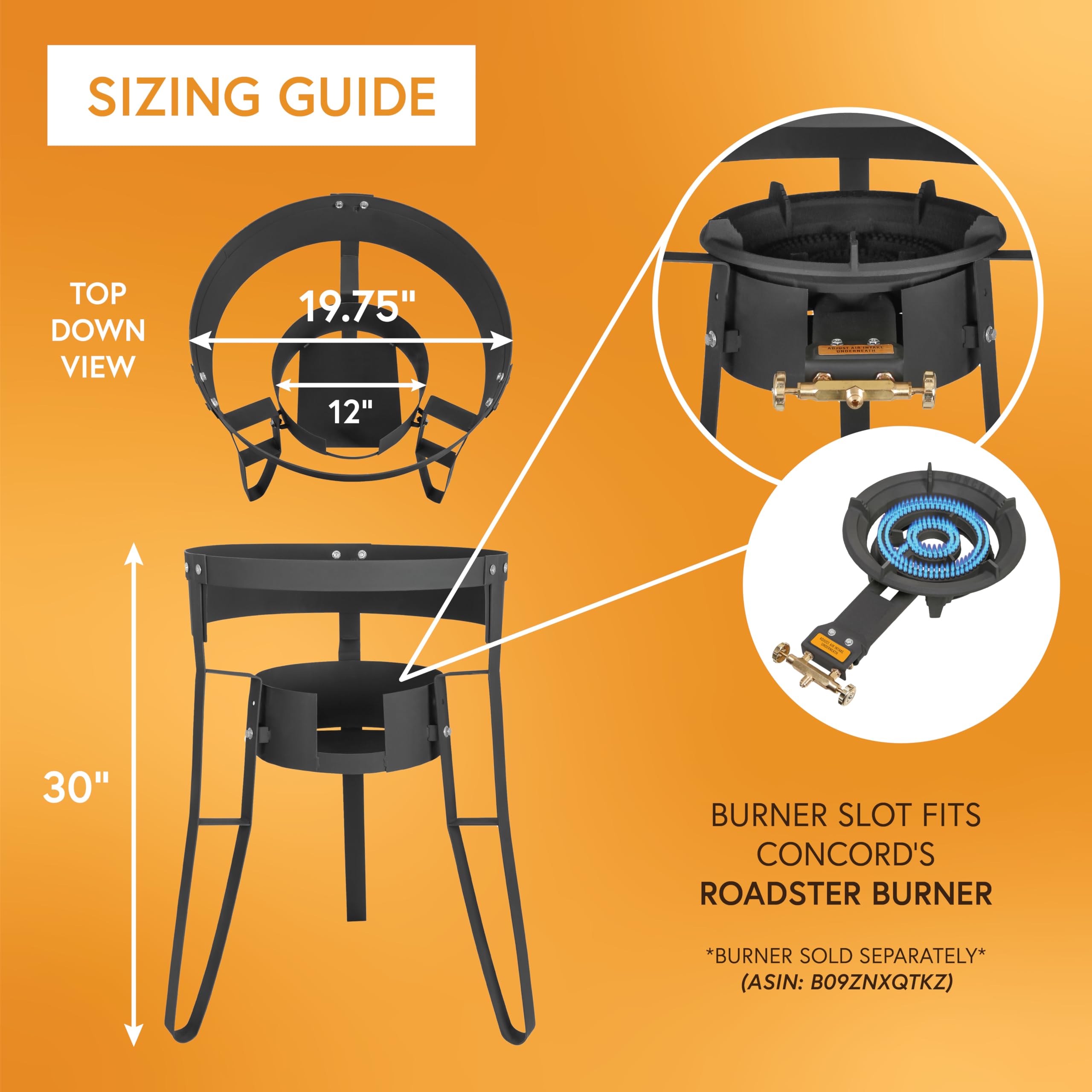 Concord adjustable burner mounting rack enabling customizable flame distance for even heat