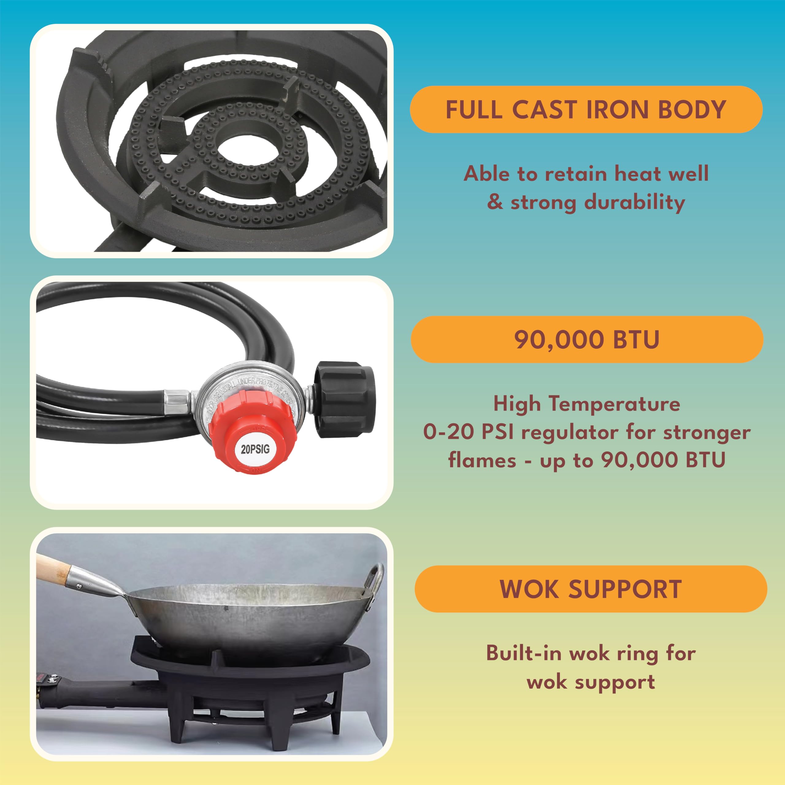 Concord Roadster Burner wok area with built-in rack for rounded-bottom woks.