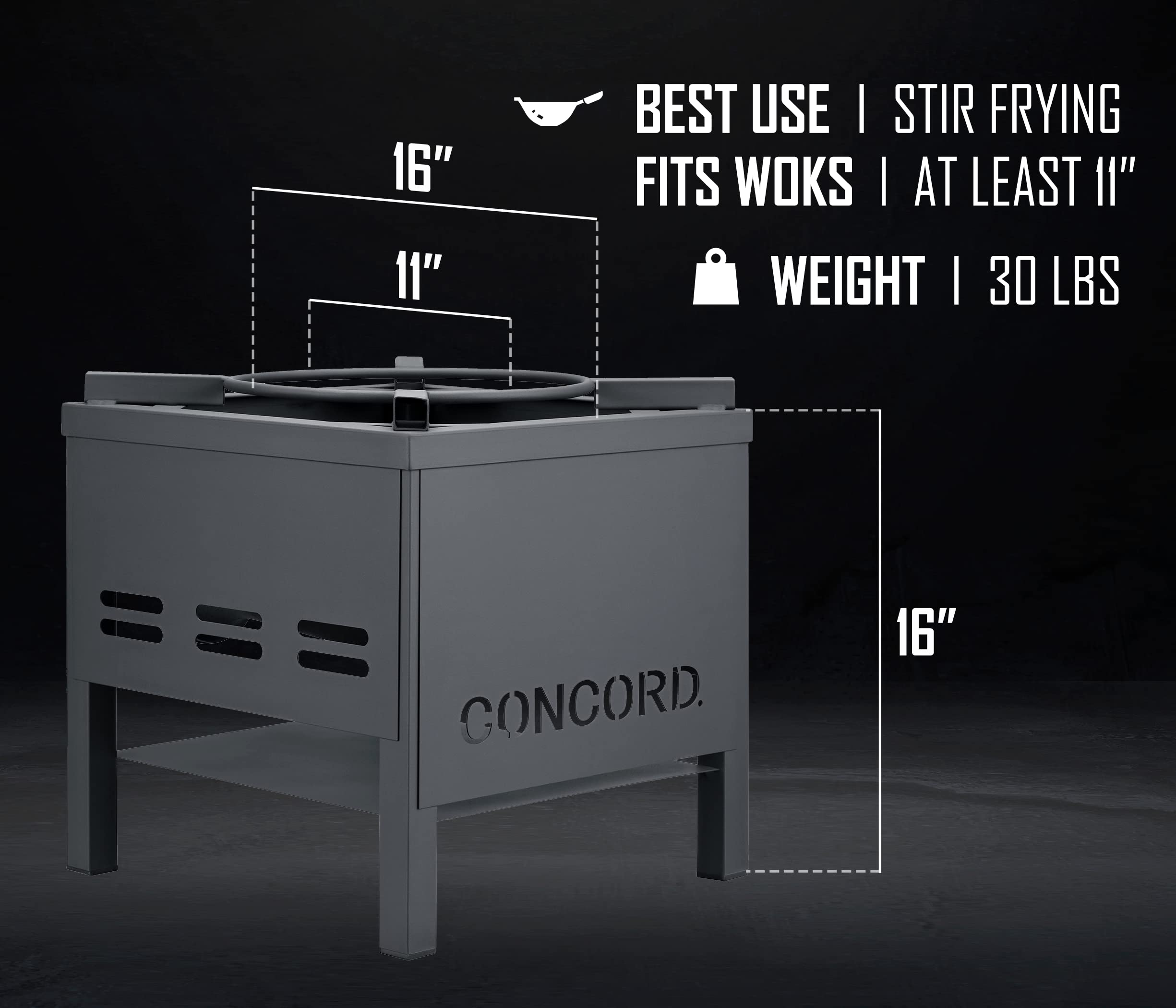 Concord windscreen on burner supports steady flame in outdoor setups.