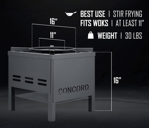 Concord windscreen on burner supports steady flame in outdoor setups.