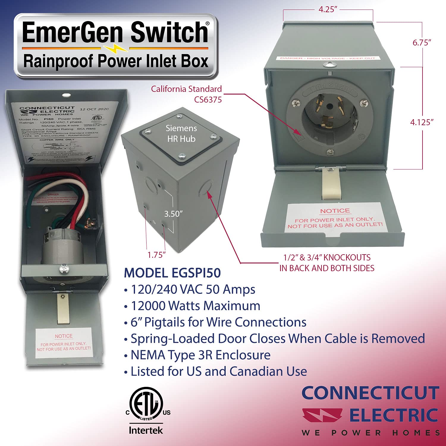 Connecticut Electric EGSPI50 installation view shows ready-to-wire setup for fast installation.