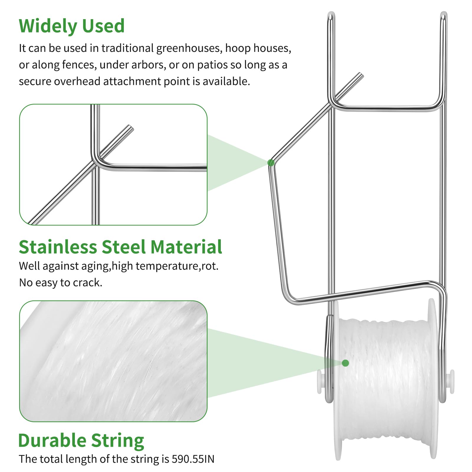 CONNOVA greenhouse trellis setup using roller hooks for vertical growth.